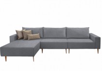 Sofá Modulado Monet 3.30m, com Chaise, Almofadas Soltas, Pés de Metal Preto. - Zoze Home Decor